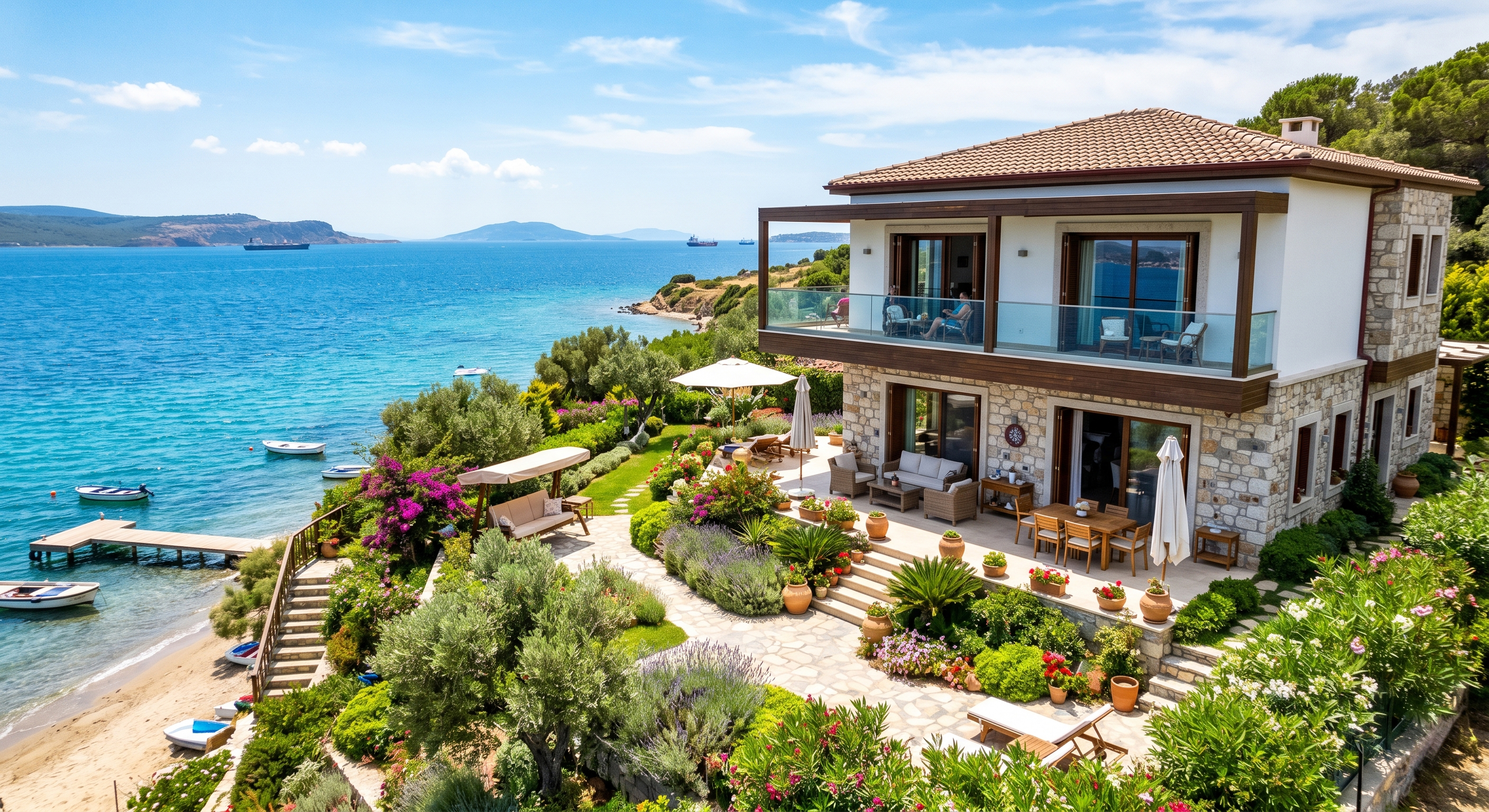 Aevum Troia lüks sahil konutu — taş ve beyaz villa, sonsuzluk havuzu, teras ve Çanakkale Ege kıyısı manzarası