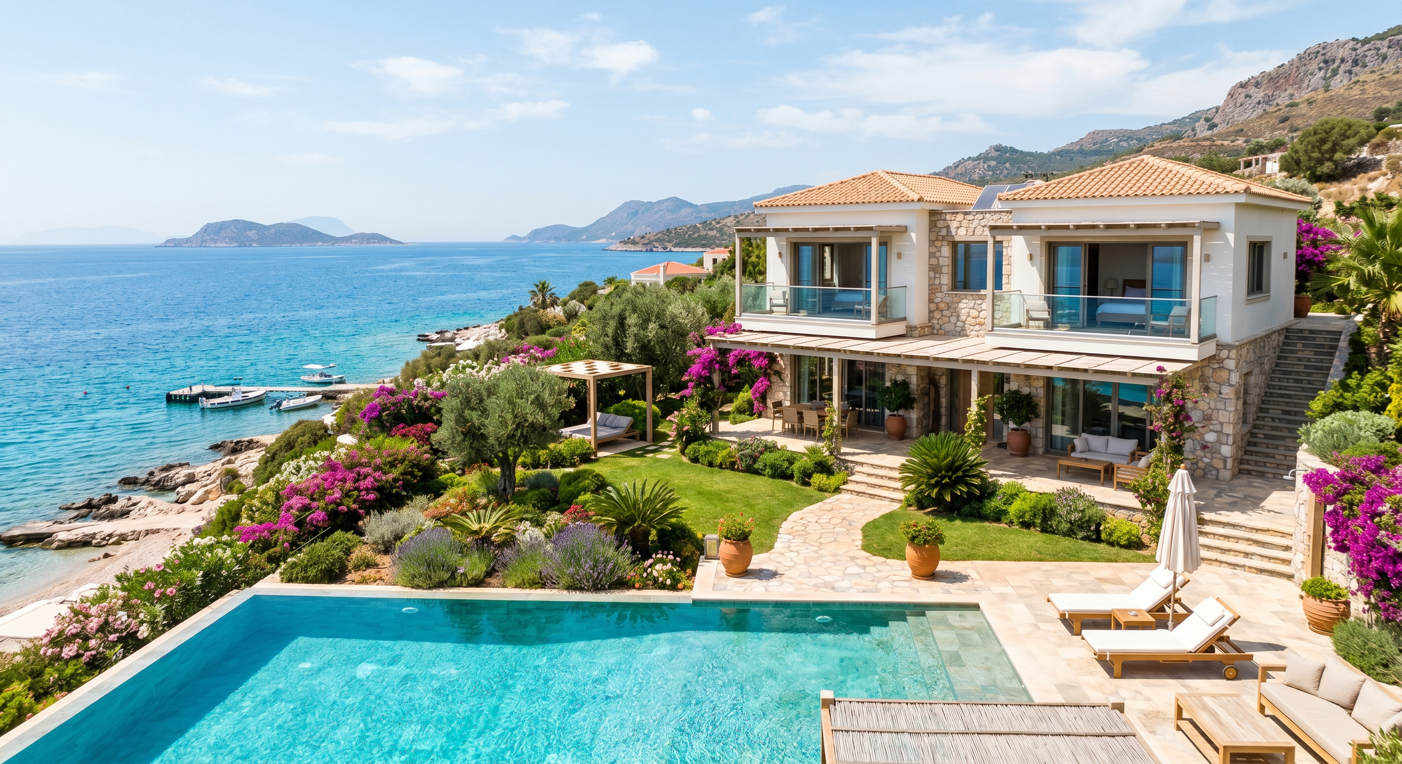 Aevum Troia kıyı villa konsepti — sonsuzluk havuzu, Akdeniz bahçesi ve Çanakkale açıklarında deniz manzarası